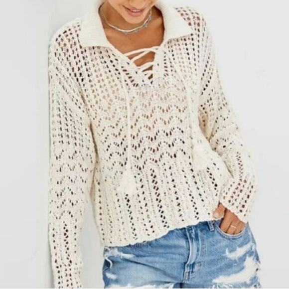 American Eagle Outfitters EUC Open Knit Crochet polo Sweater Cream Large cream - Picture 1 of 16